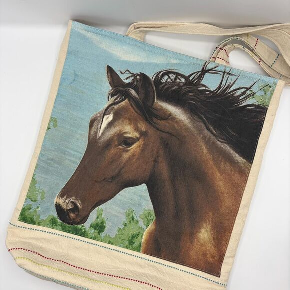 Handmade Handbags - Handmade Tote Bag: Repurposed, Quilted Tote Horse Head Cottage Library Tote